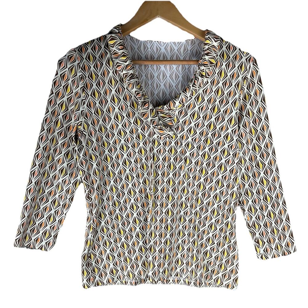 J Mclaughlin Top Medium Catalina Cloth Ruffle Blouse Stretch Resort Orange Geo